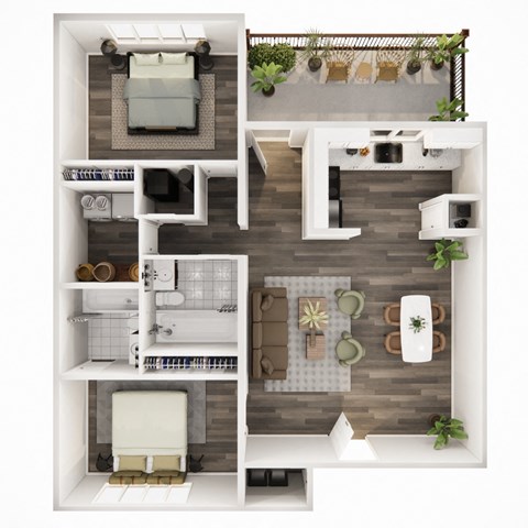 Floor plan for 2 beds, 2 baths, 1000 sqft